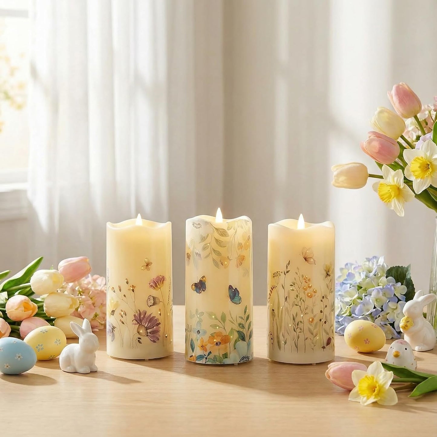 Eywamage Fiber Optic Flameless Pillar Candles with Remote Set of 3, Butterfly Floral Spring LED Candles Battery Operated Gift Φ 3" H 6"