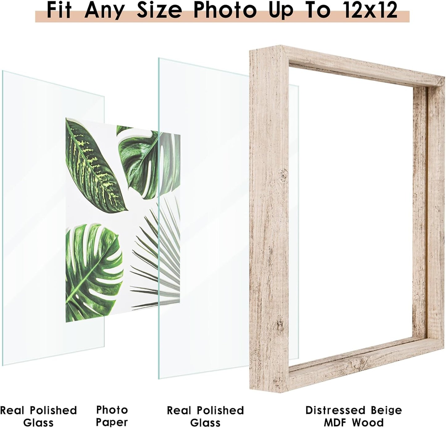 MUYE 11x14 Floating Frame Set of 2,Double Glass Rustic Frame,Display Any Size Photo up to 11x14,Wall Mount or Tabletop Standing,Natural
