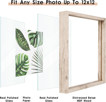 MUYE 11x14 Floating Frame Set of 2,Double Glass Rustic Frame,Display Any Size Photo up to 11x14,Wall Mount or Tabletop Standing,Natural