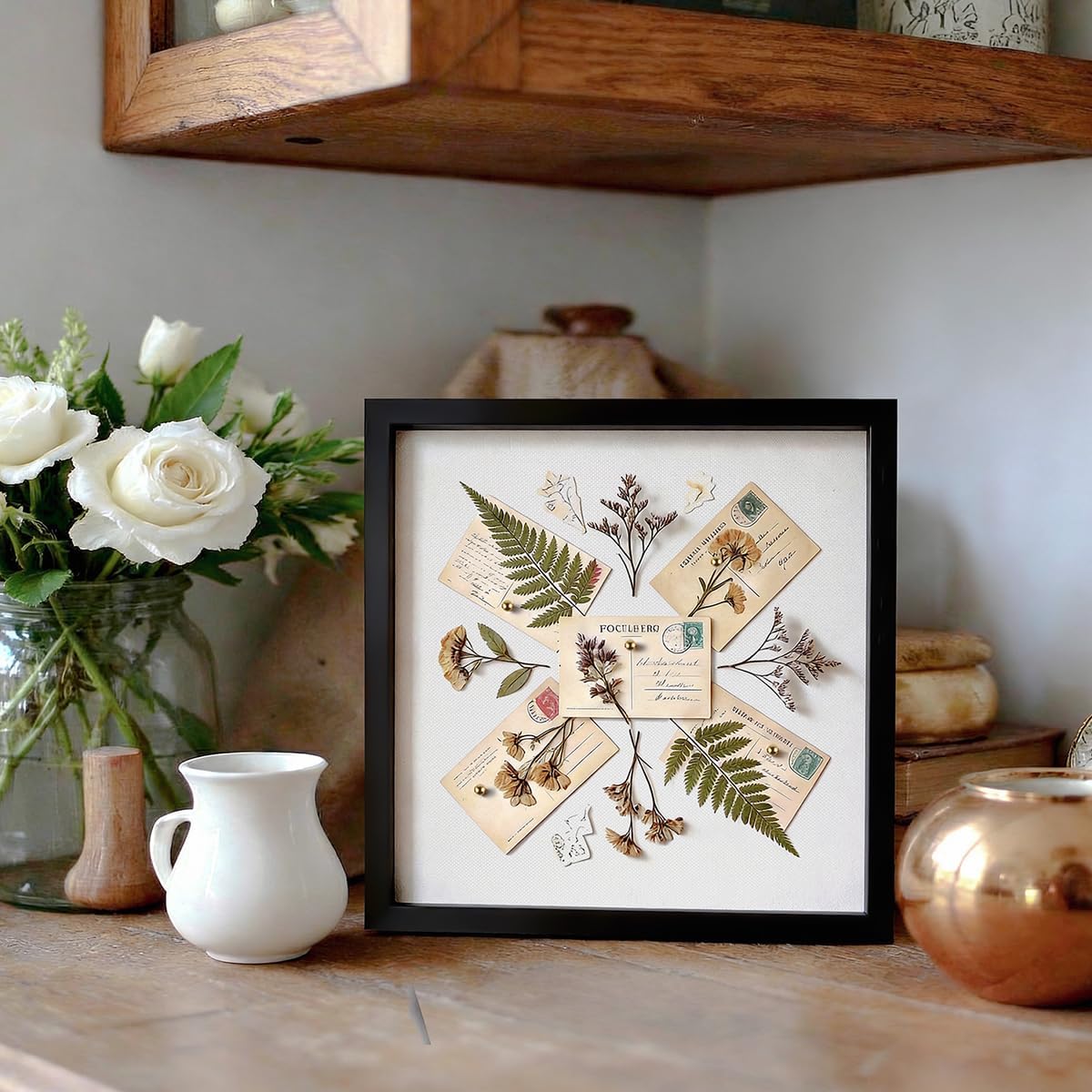 8x8 Shadow Box Frame | Soft Linen Back & Push Pins Included, Polystyrene Glass Memory Display Case for Flowers, Tickets & Cherished 3D Items, White