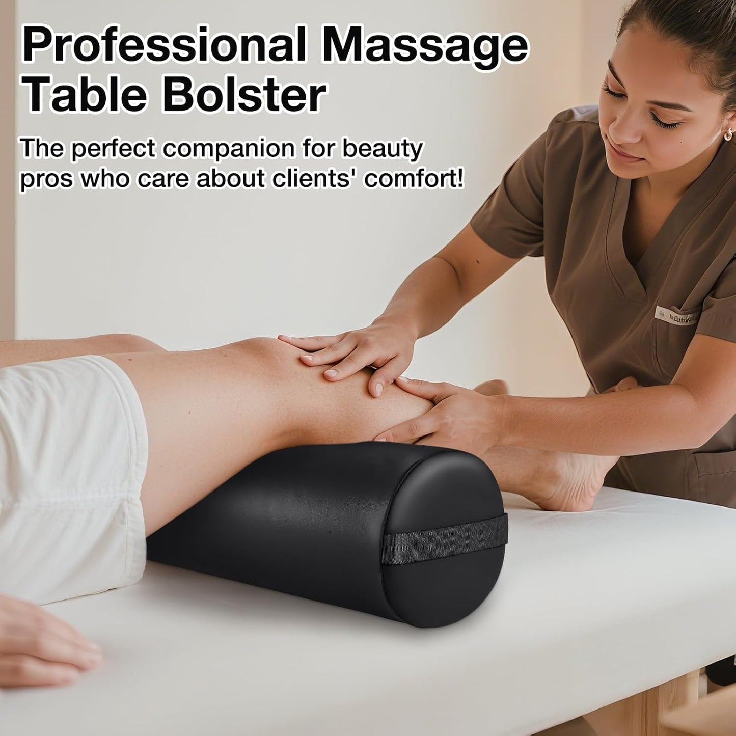 Noverlife 3/4 Round Massage Table Bolster Pillow with Strap Handle, 26 x 6 x 6 in PU Leather Massage Bolster for Under Legs, Cozy Positioning Support Pad for Knee Neck Back Pain Relief - Black