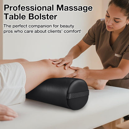 Noverlife 3/4 Round Massage Table Bolster Pillow with Strap Handle, 26 x 6 x 6 in PU Leather Massage Bolster for Under Legs, Cozy Positioning Support Pad for Knee Neck Back Pain Relief - Black