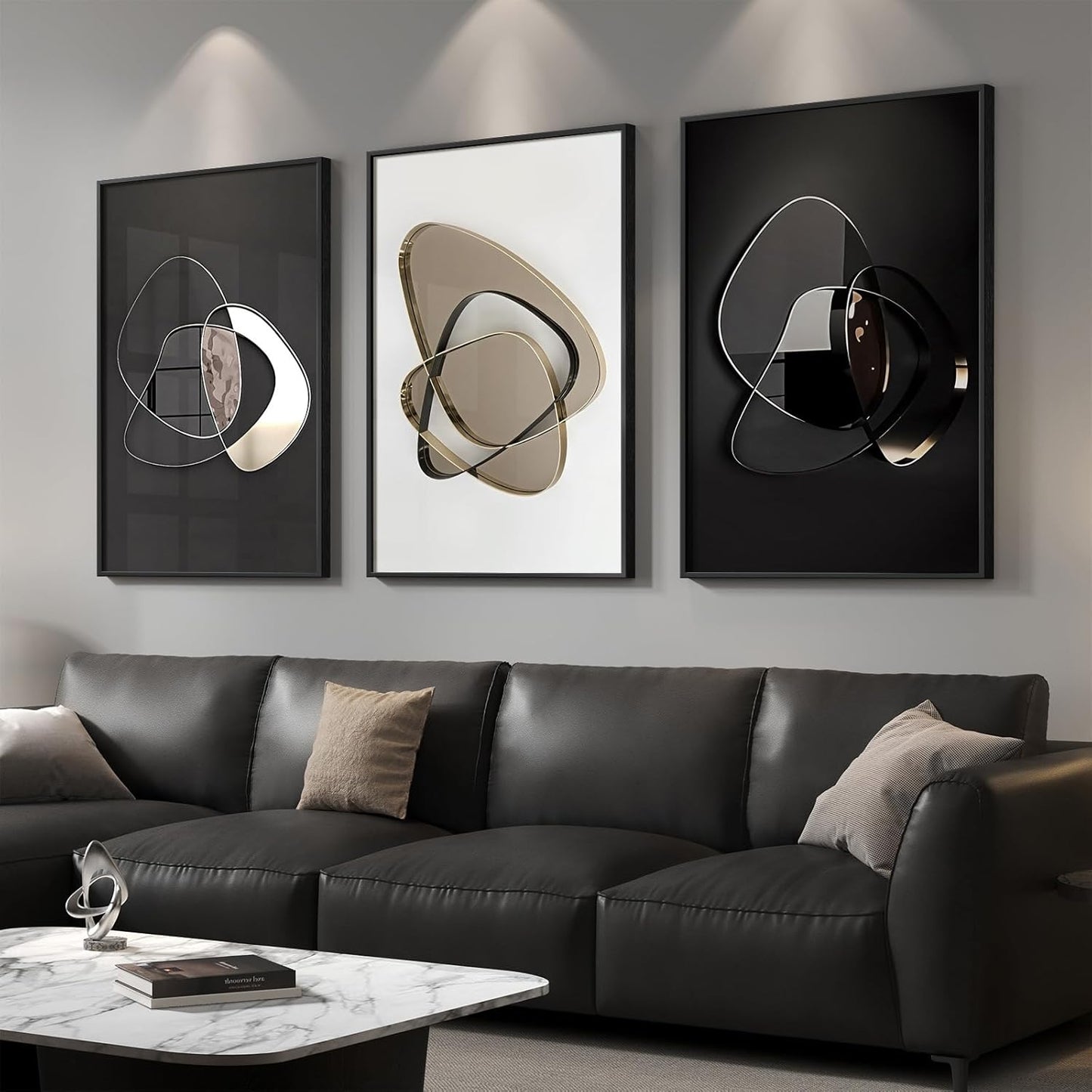 Framed Modern Luxury Gold Wall Art, Set of 3 Piece Contemporary Paintings Artwork for Walls, Golden Prints Pictures with Gold Frame, Wall Decor for Living Room, Hallway, Bedroom, Office 16x24 Inch