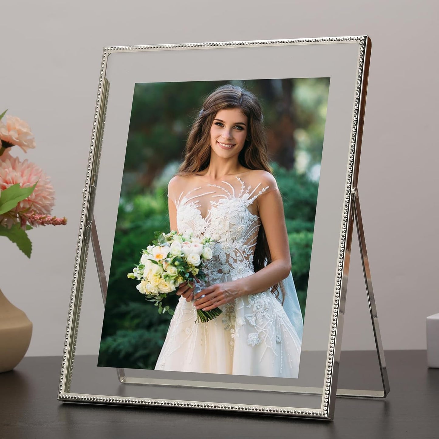 Gold 6x8'' Floating Photo Frame 2 Pack, Beaded Metal Frame Fits 3.5x5'', 4x6'' & 5x7'' Pictures, Adjustable Tabletop & Shelf Display, Elegant Wedding Gift for Home Decor