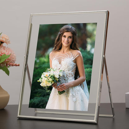 Gold 6x8'' Floating Photo Frame 2 Pack, Beaded Metal Frame Fits 3.5x5'', 4x6'' & 5x7'' Pictures, Adjustable Tabletop & Shelf Display, Elegant Wedding Gift for Home Decor