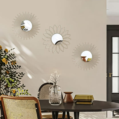 3 Pack Metal Mirrors for Wall Sunburst Wall Mirrors Home Décor Decorative Hanging Wall Art for Living Room Bedroom Entryway (Gold, Flower+Sunburst)