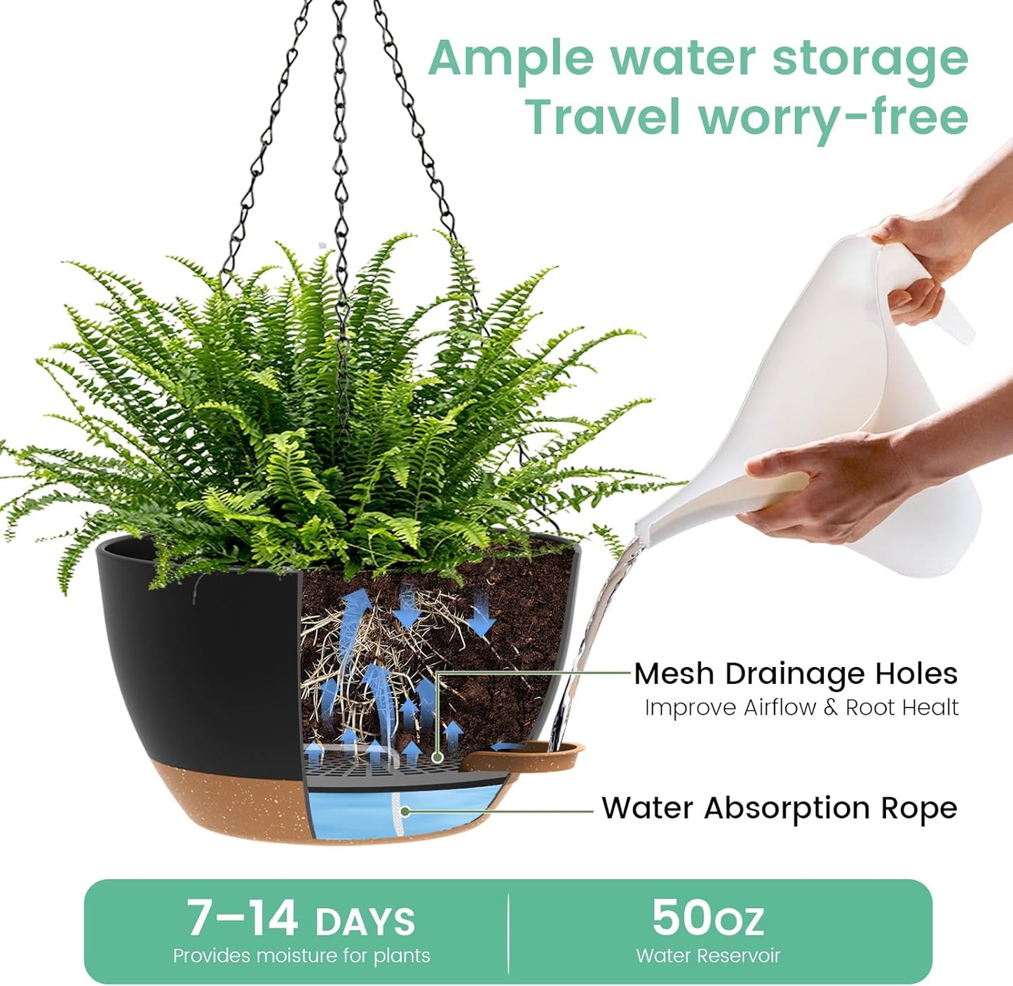 UOUZ 13 Inch 2 Pack Large Self Watering Hanging Planters for Indoor Outdoor Plants, Hanging Plant Pots with Removable 50 Oz Reservoir, Plastic Hanging Basket for Window Porch Garden Balcony, Black
