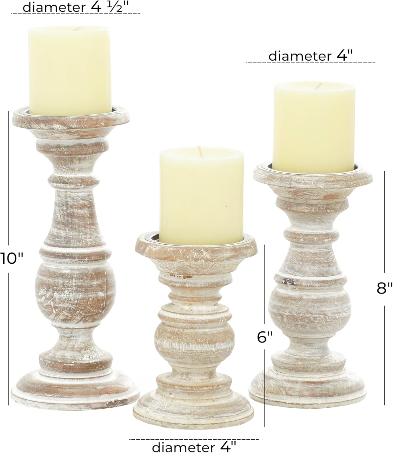Deco 79 Mango Wood Decorative Candle Holder Distressed Turned Pillar Candle Stand, Set of 3 Candlestick Holder 6", 8", 10"H, Light Blue