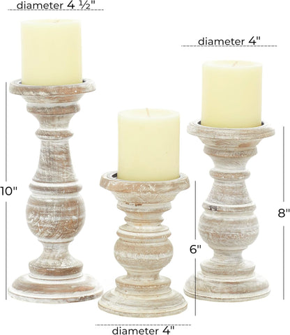 Deco 79 Mango Wood Decorative Candle Holder Distressed Turned Pillar Candle Stand, Set of 3 Candlestick Holder 6", 8", 10"H, Light Blue