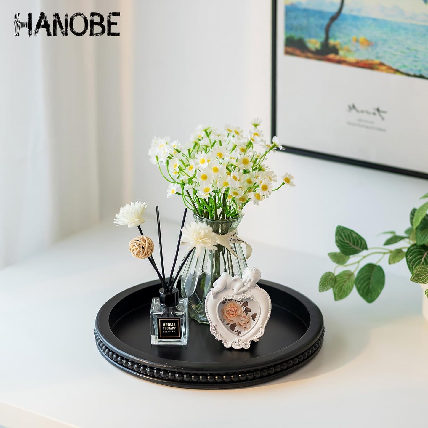 Hanobe Round Wooden Decorative Tray: White Washed Bead Tray Decor for Coffee Table Centerpiece Rustic Farmhouse Tray for Kitchen Counter Living Room Decoration
