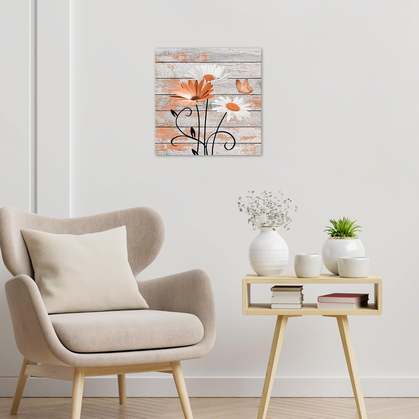 HVEST Farmhouse Floral Wall Art for Living Room, Blue and White Daisy Flower and Butterfly on Rustic Wood Board Canvas Wall Art Framed Artwork Ready to Hang for Bathroom Bedroom Decor, 16L X 12W