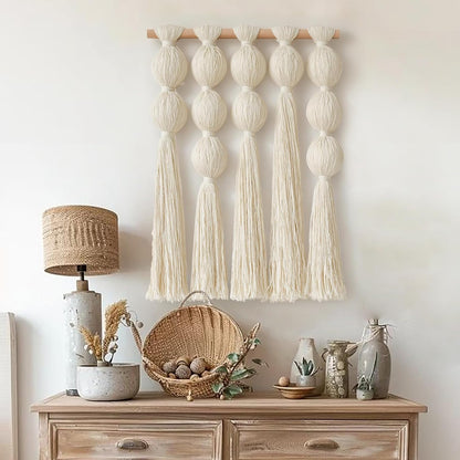 Macrame Wall Hanging Boho Home Decor Handmade Cotton Fiber Art with Neutral Ivory Tassels Modern Bohemian Wall Decor for Living Room Bedroom Apartment 27" W x 22" L