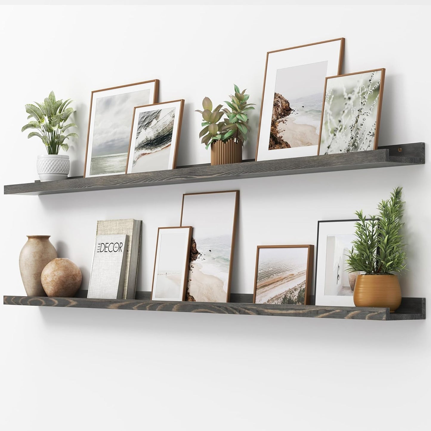 FLYJOE Picture Ledge Shelf, Floating Shelves Set of 2, Solid Pine Wood 55'' Long Large Nursery Book Shelves for Toys Storage, Kids Bookshelf for Living Room Bedroom Decor Books Photo Frames, Walnut