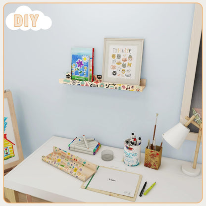 Fun Memories Picture Ledge Shelf for Wall, 24 inch Pine Wood Nursery Book Shelves Set of 2- Wall Book Shelves for Kids Room, Home Decor - Kitchen Spice-White