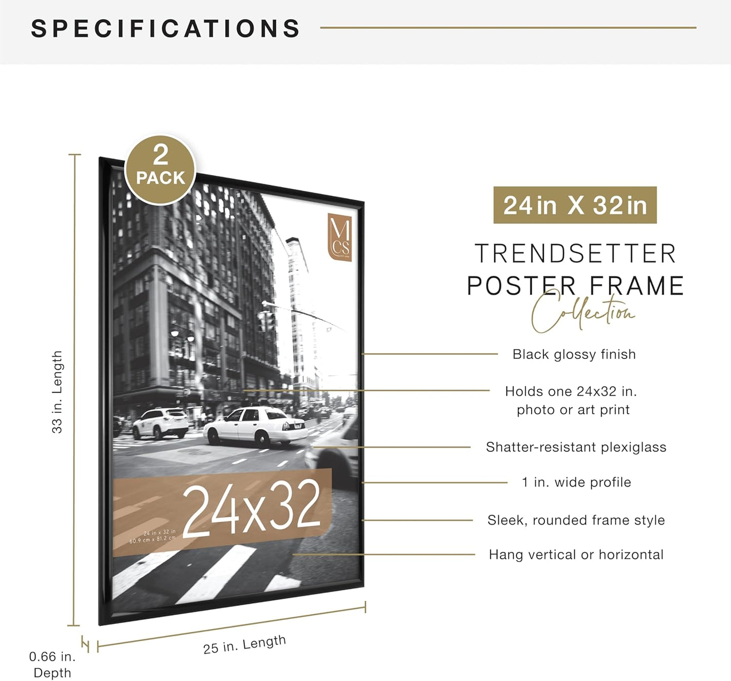 MCS Trendsetter 24x36 Poster Frame Black High-Gloss, Vertical & Horizontal Wall Hanging Large Picture Frame for Photos, Posters & Art Prints (1-Pack)