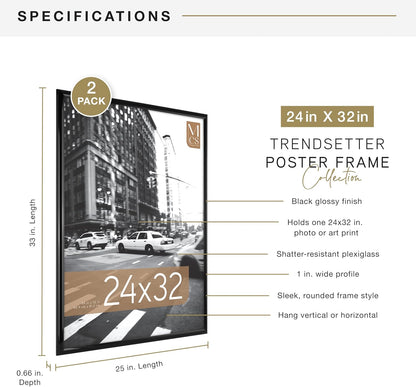 MCS Trendsetter 24x36 Poster Frame Black High-Gloss, Vertical & Horizontal Wall Hanging Large Picture Frame for Photos, Posters & Art Prints (1-Pack)