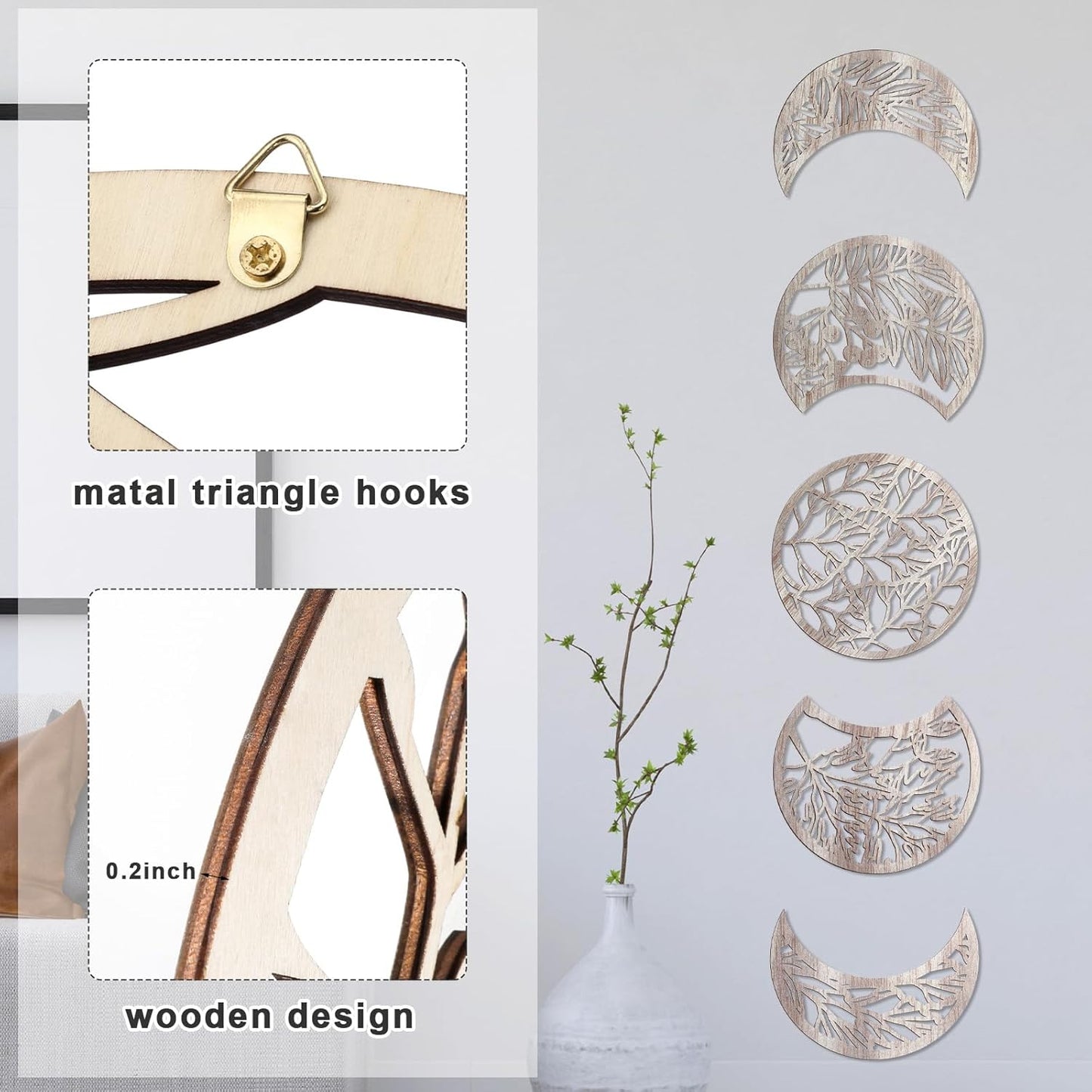 Jetec 5 Pcs Moon Phase Wall Art Decor Wall Pediments Hanging Wooden Phase Spiritual Bedroom Nordic Boho Lunar Aesthetic Art for Living Room Dorm Apartment Ornament(Brown,10.6 Inch,Botanical)
