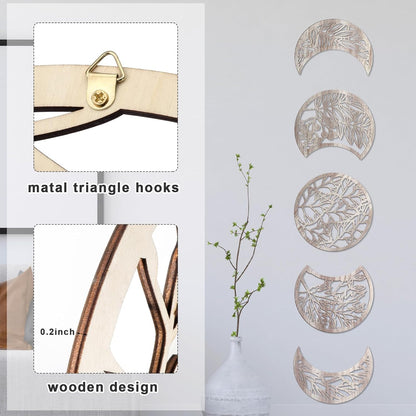 Jetec 5 Pcs Moon Phase Wall Art Decor Wall Pediments Hanging Wooden Phase Spiritual Bedroom Nordic Boho Lunar Aesthetic Art for Living Room Dorm Apartment Ornament(Brown,10.6 Inch,Botanical)