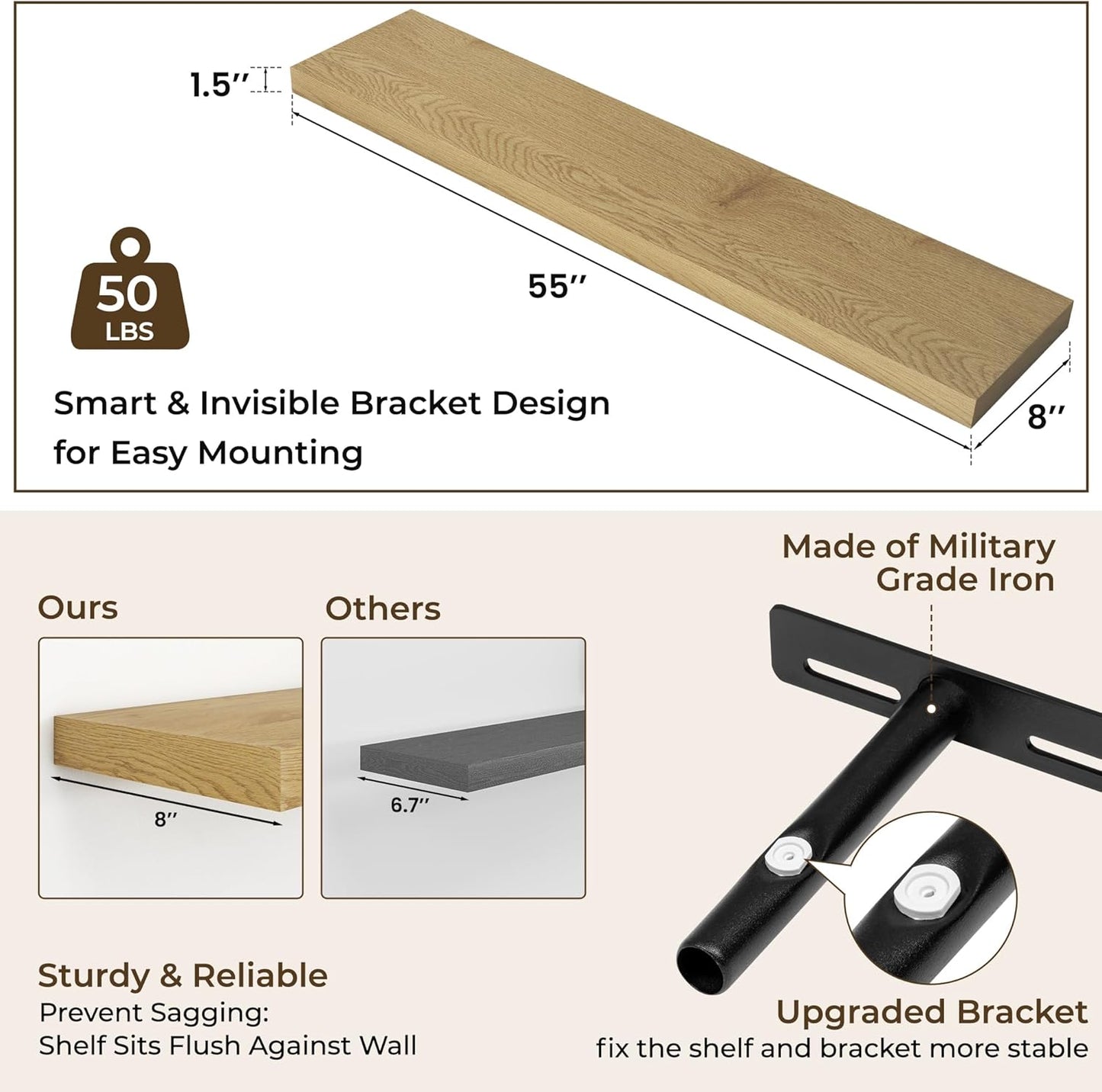 RICHFOCUS 72Inch Floating Shelves for Wall 2 Pack Shelves for Bedroom|Kitchen|Bathroom Wall Mounted Rustic Wood Floating Shelf with Invisible Brackets for Books|Storage|Decor, Rustic Brown