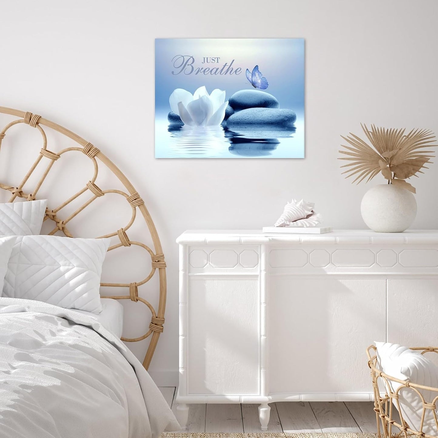EOBTAIN Zen Flower Canvas Wall Art Bathroom Butterfly and Water Lily Stone Relaxing Spiritual Yoga Framed Wall Art Just Breathe Pictures Canvas Wall Decor for Living Room Bedroom,12x16 Inches