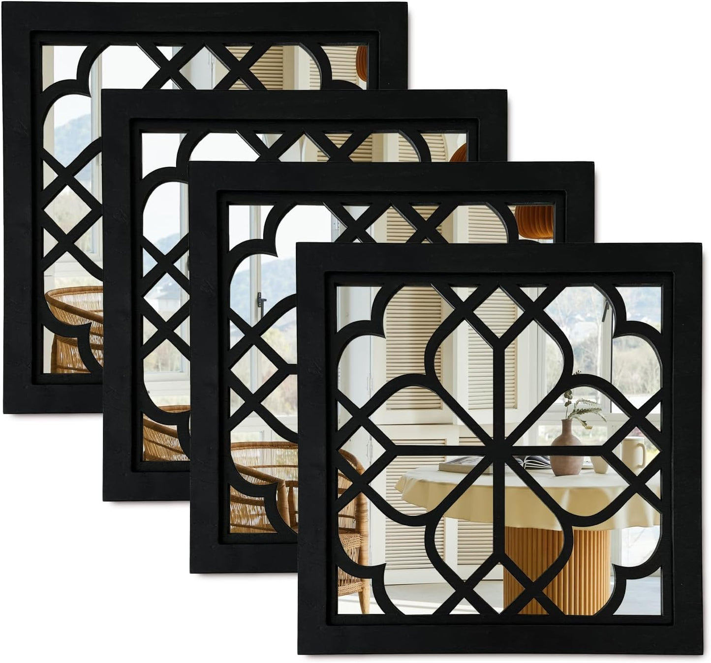 ZEXUIRU 4 Set. Rustic Wall Mirrors for Bedroom Bathroom Living Room Entryway Wood Farmhouse Square Easy to Hang Framed Decorative Accent Hanging Wall-Mounted Mirror Set for Living Room - Black