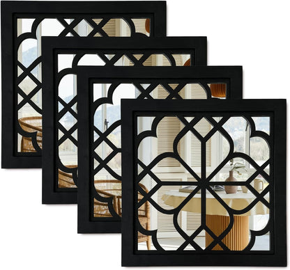 ZEXUIRU 4 Set. Rustic Wall Mirrors for Bedroom Bathroom Living Room Entryway Wood Farmhouse Square Easy to Hang Framed Decorative Accent Hanging Wall-Mounted Mirror Set for Living Room - Black