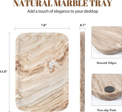 Koville Romano Travertine Tray, 12"x8" Natural Stone Vanity Tray for Countertop Bathroom Kitchen Dresser, Decorative Marble Catchall Trays for Perfume Jewelry, Rectangular Serving Tray(Beige)