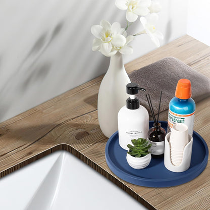 Silicone Bathroom Tray Round Vanity Tray Decorative Soap Holder Kitchen Countertop Organizer Coffee Table Decor for Candle, Perfume, Plant, 9 Inch, Black