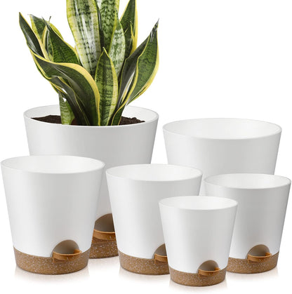 YNNICO Indoor Self Watering Planters with Drainage Holes and Saucers, 8, 7, 6.5, 6, 5.5, 5 Inches, Black, 6 Pots