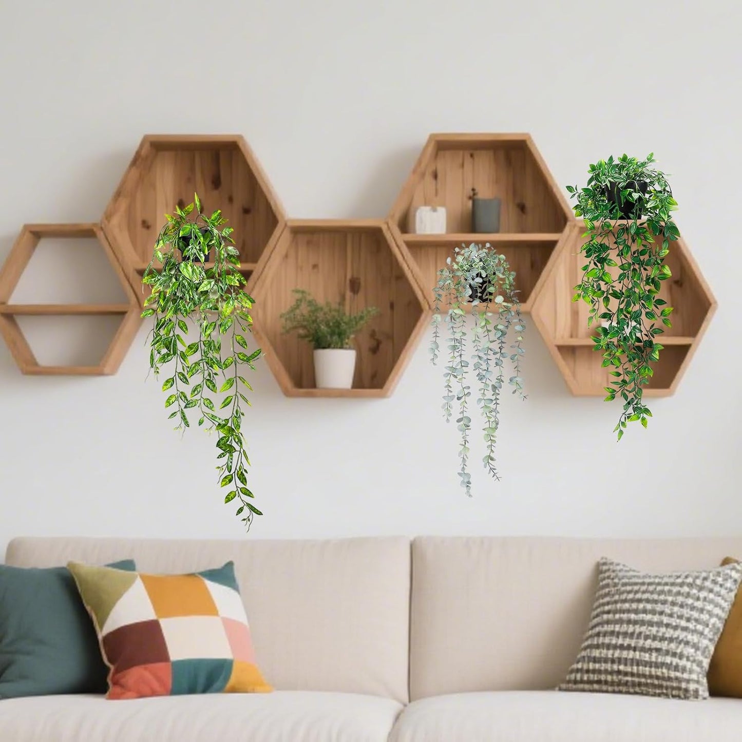 Clearain 1pcs Fake Hanging Plants, Artificial Small Potted Plants, Mini Faux Succulent Plant for Indoor Outdoor Aesthetic Office Living Room Shelf Home Decor (Eucalyptus leaves-1pcs)