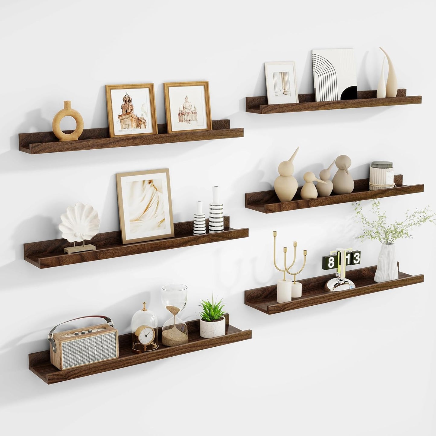 Acovy Picture Ledge Shelf Set of 6, 48 inch Long Large Floating Shelves for Wall with Lip, Wall Mounted Shelves for Living Room, Bedroom, Bathroom, Kitchen, Nursery,Oak