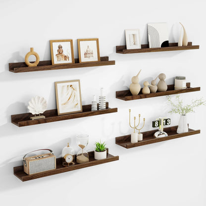 Acovy Picture Ledge Shelf Set of 6, 48 inch Long Large Floating Shelves for Wall with Lip, Wall Mounted Shelves for Living Room, Bedroom, Bathroom, Kitchen, Nursery,Oak