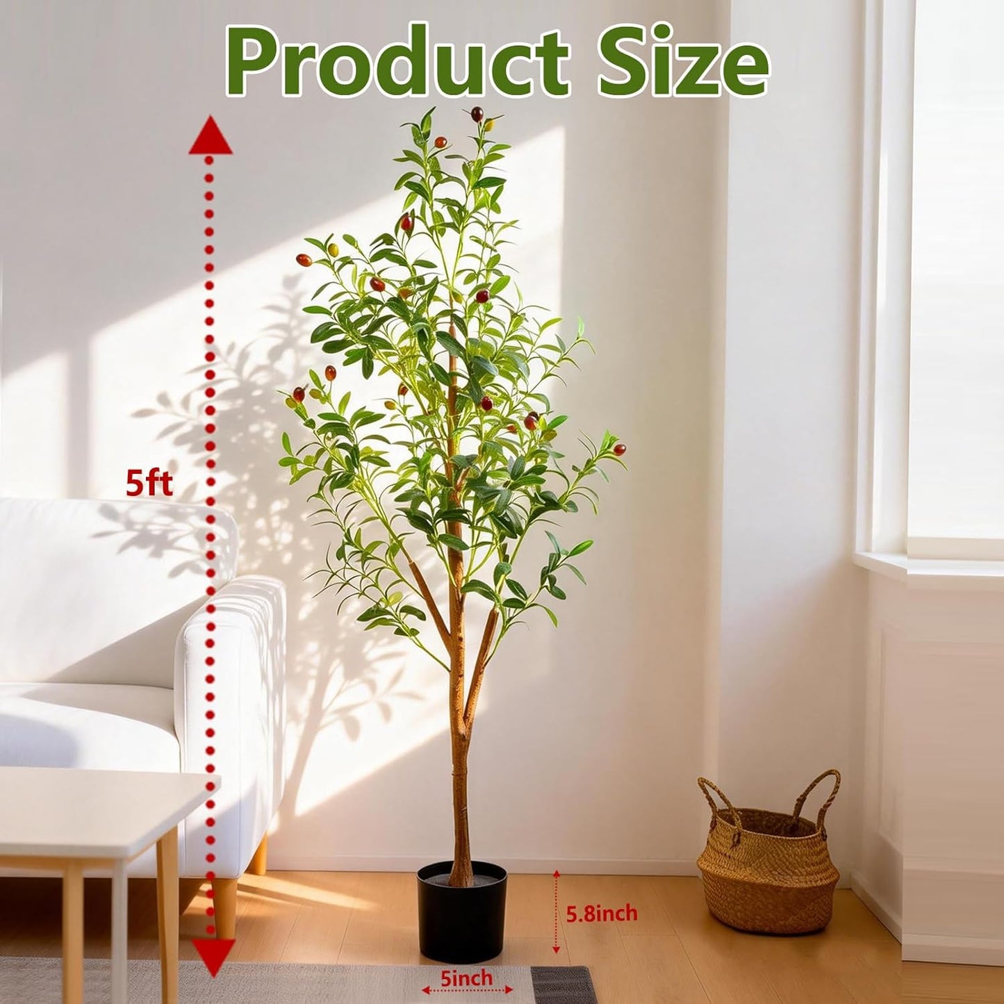 6FT Artificial Olive Tree Indoor, Tall Faux Olive Tree with Pot&Basket, Large Fake Olive Tree with Realistic 1080 Silk Leaves and 60 Fruits for Living Room Home Office Decor.