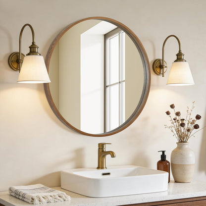 WallBeyond Wood Round Mirror with Wood Frame 24 inch Circle Wall Mirror for Bathroom Round Wall Mirror for Wall Decor, Vanity, Entryway Living Room (Walnut)