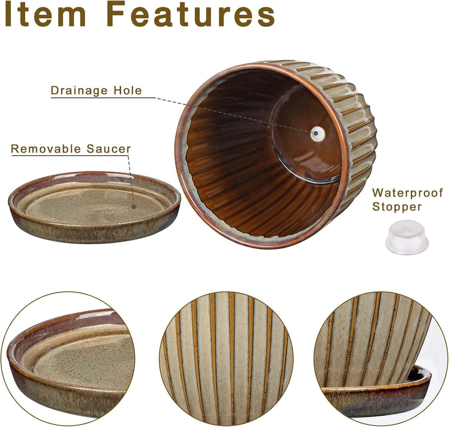Oairse Ceramic Pots for Indoor Plants, 4.9 +5.7 inch Set of 2 Brown Plant Pots with Drainage Holes and Saucers Texture Ceramic Planters Indoor Outdoor Flower Planters for Succulent
