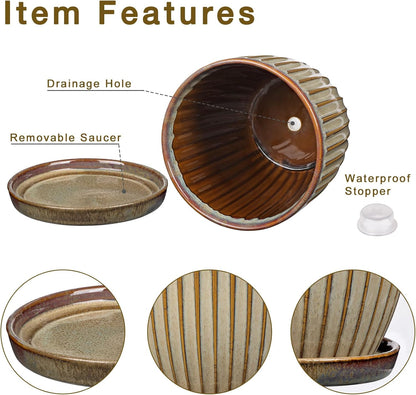 Oairse Ceramic Pots for Indoor Plants, 4.9 +5.7 inch Set of 2 Brown Plant Pots with Drainage Holes and Saucers Texture Ceramic Planters Indoor Outdoor Flower Planters for Succulent
