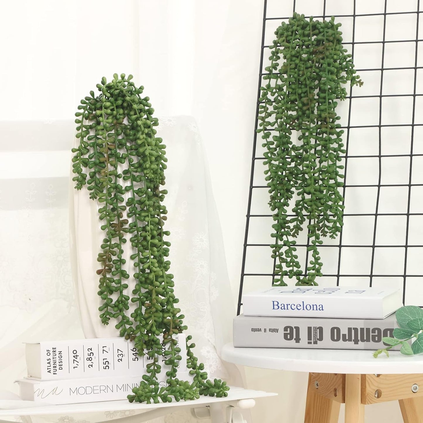 CEWOR 4pcs Fake Hanging Plants, String of Pearls Artificial Hanging Succulents Greenery Wall Backdrop Decor, Artificial Plants Indoor for Home Garden Outdoor Decoration