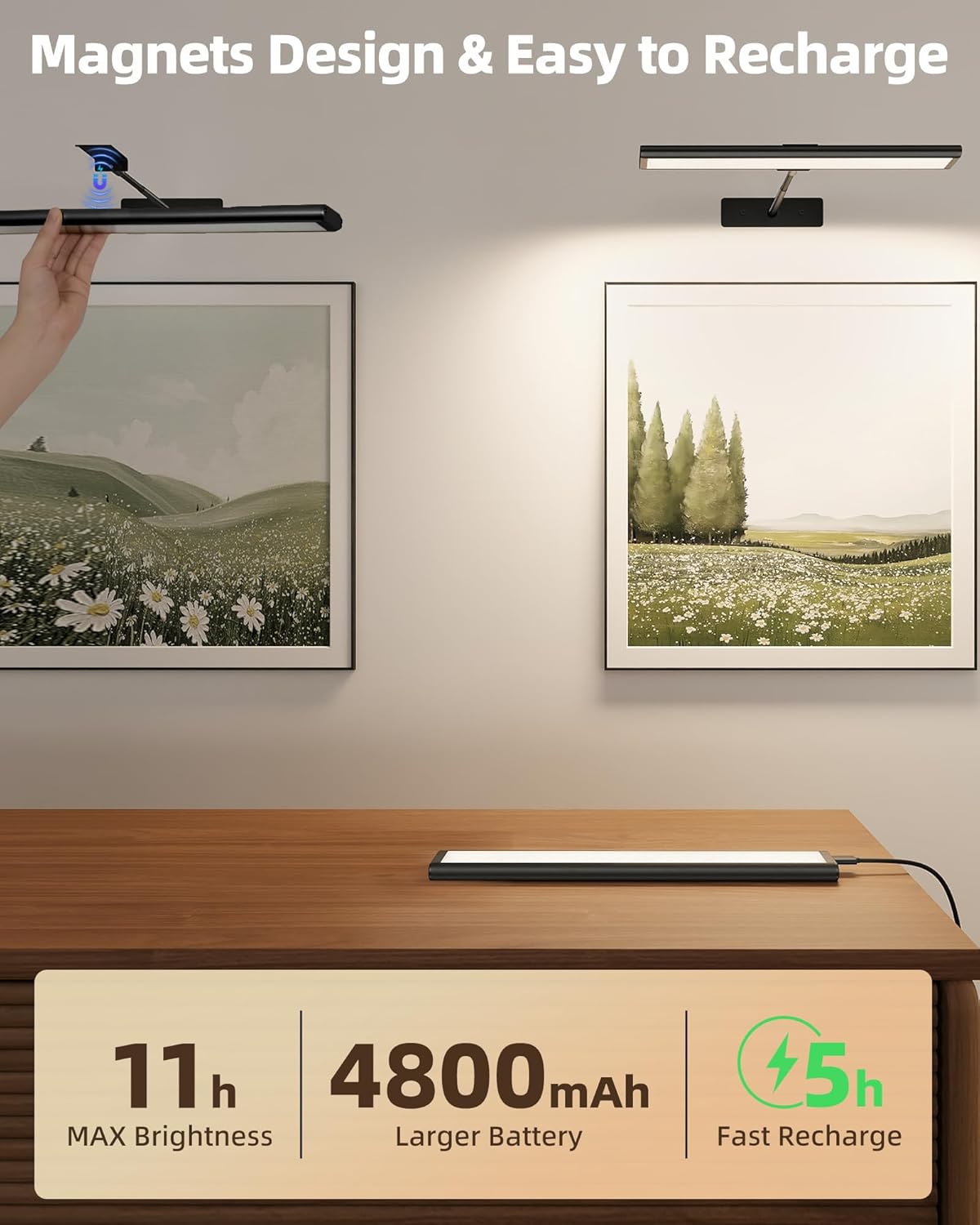 EZVALO Picture Light for Wall, 4800mAh Rechargeable Wireless Remote, 16in Dimmable Magnetic LED Art Display Light with 3 Color Temperatures, for Gallery, Living Room, Bedroom, Hallway (Gold)