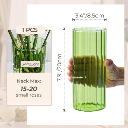ComSaf Glass Cylinder Vases, Bud Vase for Centerpieces, 8 Inch Tall Ribbed Vase Hurricane Floating Candle Holder, Decorative Flower Vases for Wedding Reception, Home Decor, Housewarming Gift (Clear)
