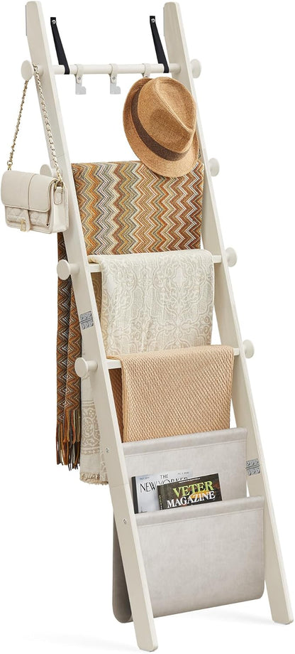 VASAGLE Blanket Ladder for Living Room, 5-Tier Wooden Ladder Shelf, Decorative Farmhouse Blanket Rack with Synthetic Leather Bag, Metal Hooks, Side Hooks, for Bedroom, Caramel Brown ULLS022K01
