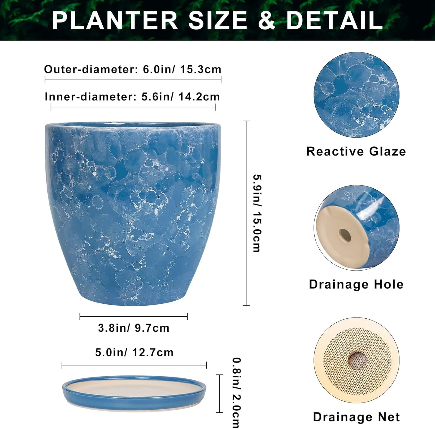 10 Inch Ceramic Planter Pot Round Plant Pot for Indoor Plants Outdoor Large Flower Pot with Drainage Hole and Saucer Blue