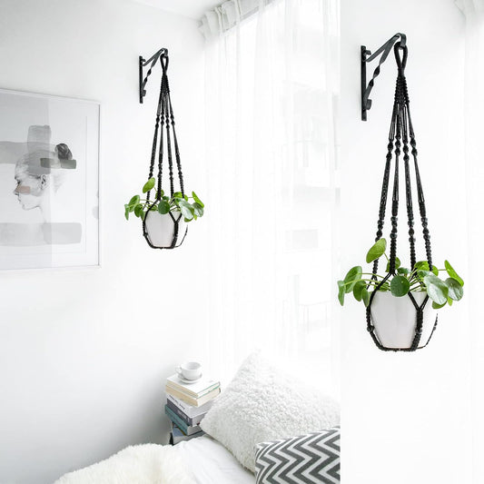 Mkono Macrame Plant Hanger Indoor Hanging Planter Basket with Wood Beads Decorative Flower Pot Holder No Tassels for Indoor Outdoor Boho Home Decor 35 Inch, Ivory, Set of 1 (POTS NOT Included)