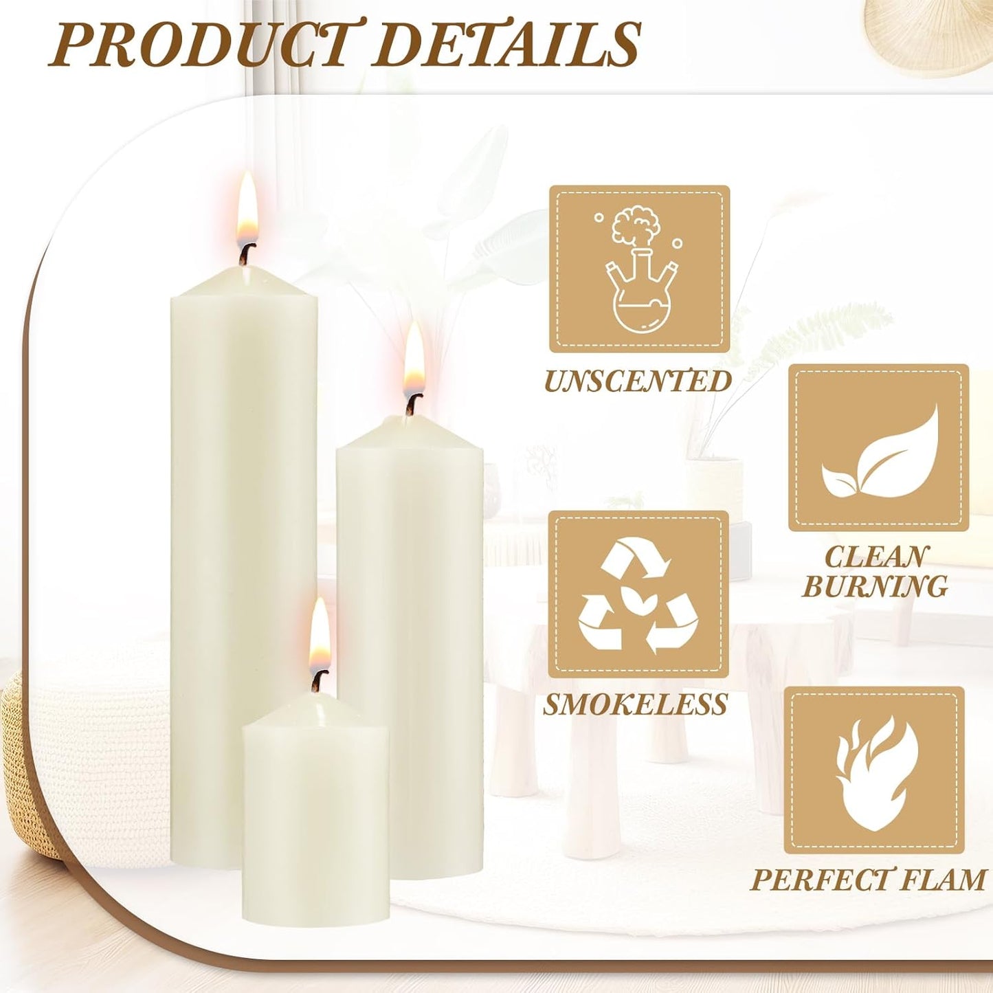 MTLEE 18 Pcs Set of 3 Pillar Candles Bulk 2 in x 3, 6, 8 Long Burning Clean Unscented Smokeless Pillar Candles for Wedding Emergency Lanterns Ceremony Party (Ivory White)