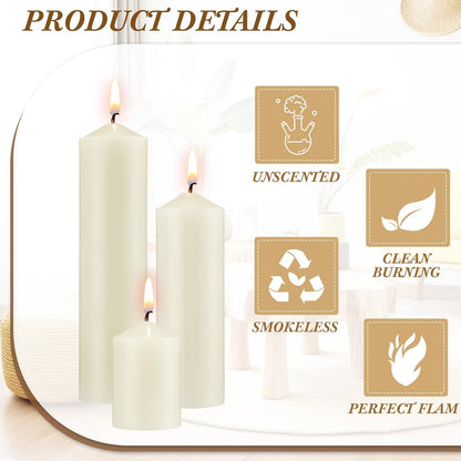 MTLEE 18 Pcs Set of 3 Pillar Candles Bulk 2 in x 3, 6, 8 Long Burning Clean Unscented Smokeless Pillar Candles for Wedding Emergency Lanterns Ceremony Party (Ivory White)