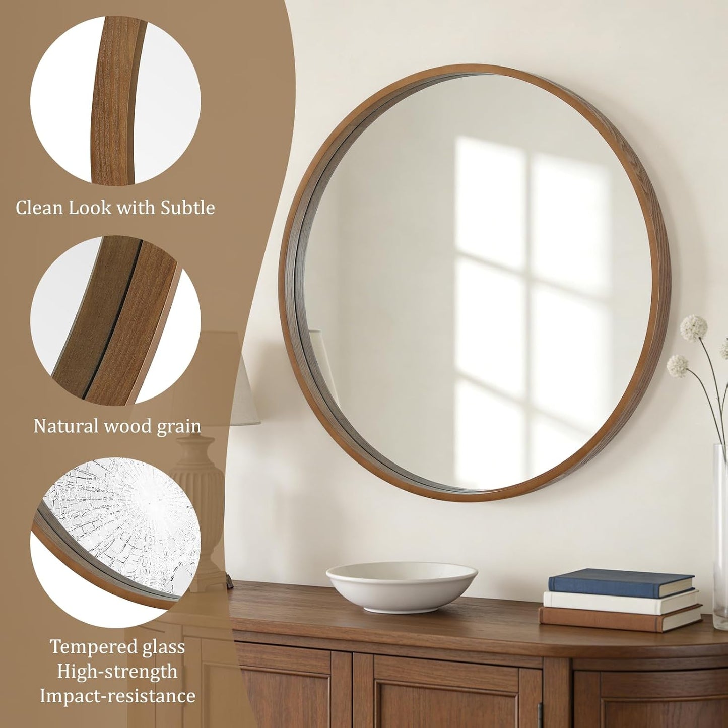 WallBeyond Wood Round Mirror with Wood Frame 24 inch Circle Wall Mirror for Bathroom Round Wall Mirror for Wall Decor, Vanity, Entryway Living Room (Walnut)