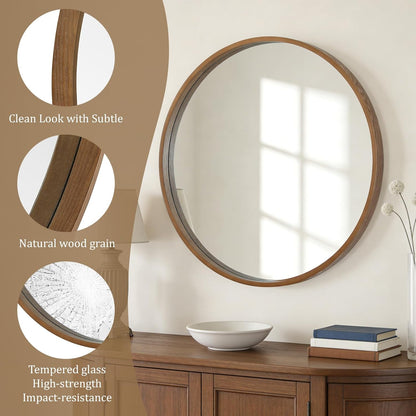 WallBeyond Wood Round Mirror with Wood Frame 24 inch Circle Wall Mirror for Bathroom Round Wall Mirror for Wall Decor, Vanity, Entryway Living Room (Walnut)