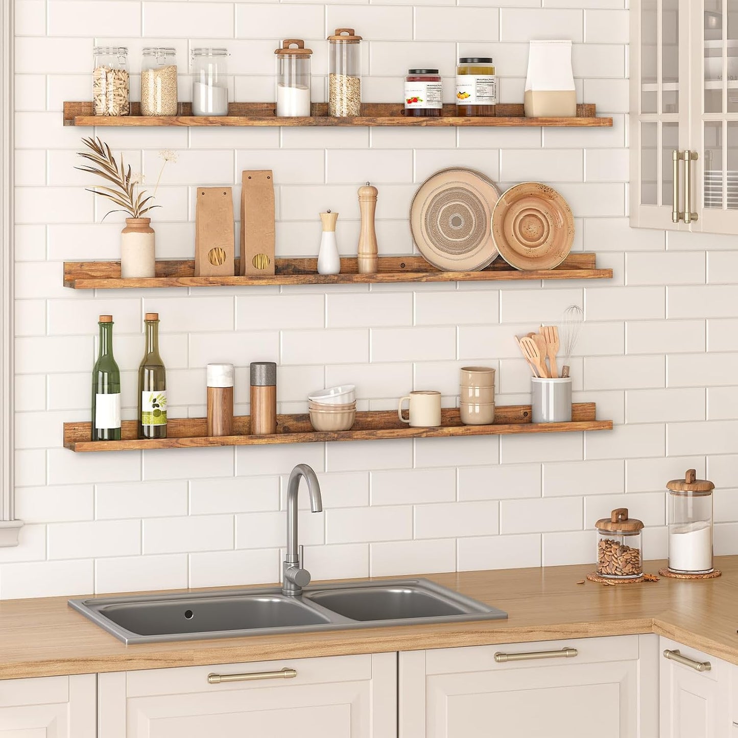 HOOBRO Floating Shelves, Wall Shelf Set of 3, 35.4 Inches Hanging Shelf with Raised Edge and Invisible Brackets, for Bathroom, Bedroom, Kitchen, Office, Living Room Decor, Rustic Brown BF90BJ01