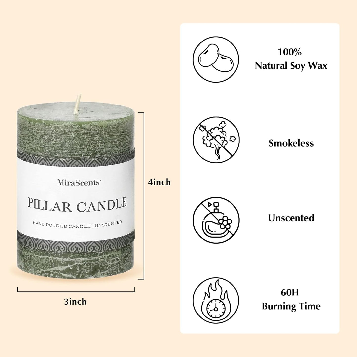 3x6 Inch Sage Green Pillar Candles Set of 3 - Unscented Spring, Long Clean Burning, Large Smokeless Dripless for Home Decor, Dinner Table, Bathroom, Rustic Decor