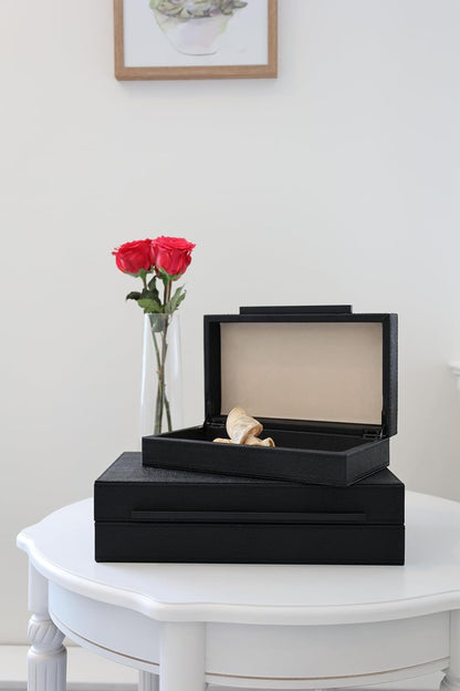 Sagala Set of 2 Ivory Shagreen Decorative Boxes With Brushed Gold Metal Handles, Faux Leather Jewelry Boxes Modern Storages Photo Memory Boxes Home Organizer Boxes (Ivory-Gold, 2pack)