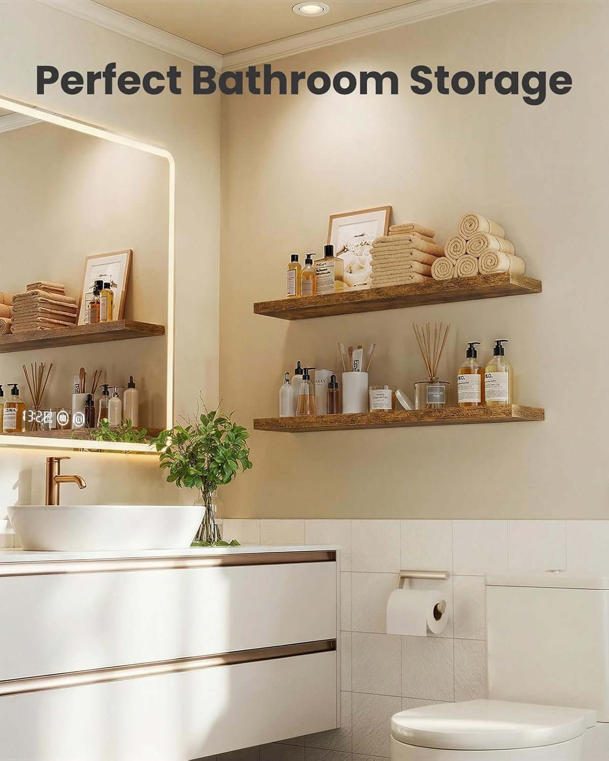 AMADA HOMEFURNISHING Floating Shelves, Wall Shelves for Bathroom/Living Room/Bedroom/Kitchen Decor, White Shelves with Invisible Brackets Set of 3 - AMFS08